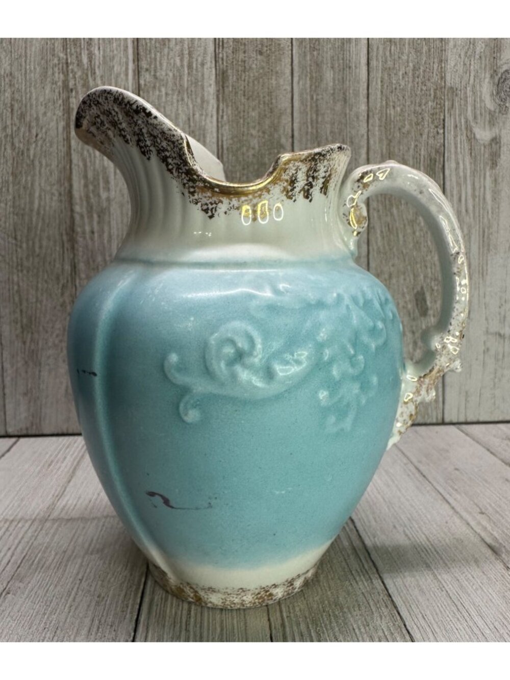 W.H Grindley & Co England Antique Pitcher Porcelain Blue White Gold 7" Tall